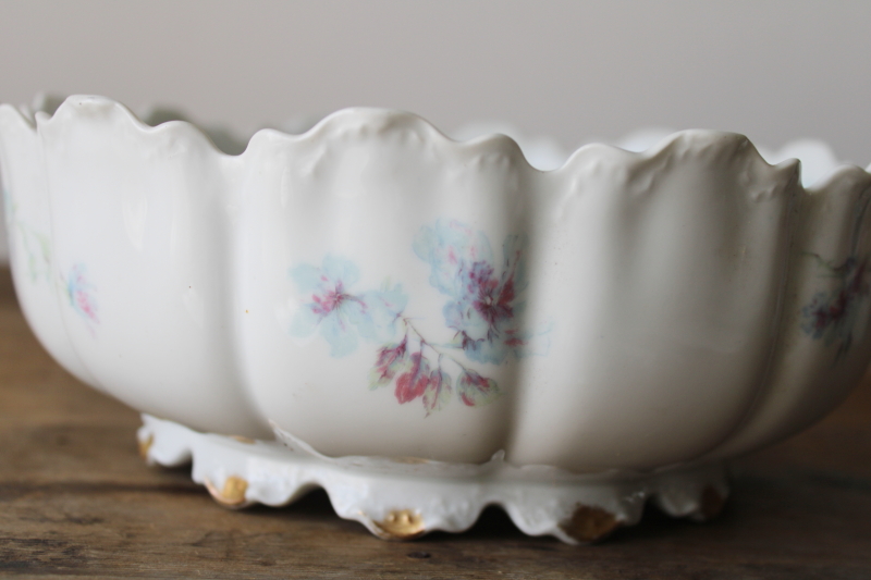 photo of large Haviland Limoges bowl early 1900s vintage antique, ornate embossed china footed shape blue floral #6