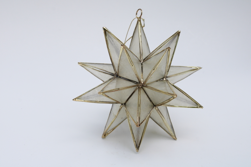 photo of large Moravian star ornament, vintage capiz shell brass star 3D shape to hang or stand #1