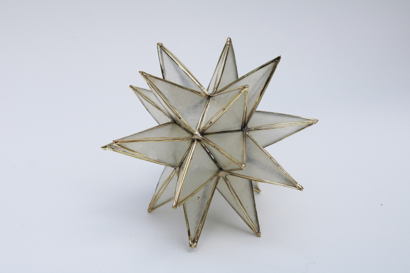 photo of large Moravian star ornament, vintage capiz shell brass star 3D shape to hang or stand #4