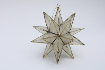 catalog photo of large Moravian star ornament, vintage capiz shell brass star 3D shape to hang or stand