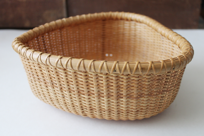 photo of large Nantucket lightship basket, heart shape vintage basket bowl w/ wood bottom #2