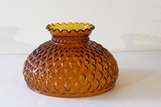 photo of large amber glass lampshade, vintage replacement shade quilted pattern colored glass #1