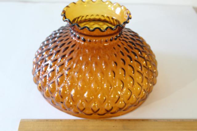 photo of large amber glass lampshade, vintage replacement shade quilted pattern colored glass #8