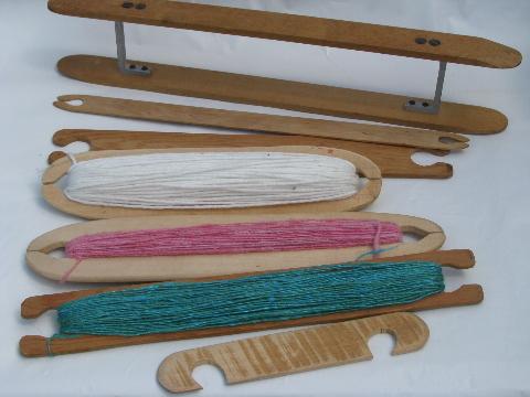 photo of large and small weaving shuttles, primitive old wood loom shuttle lot #1