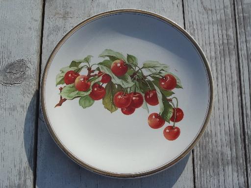 photo of large antique china plate w/ red cherries, vintage 1912 marked date #1