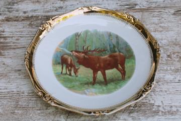 catalog photo of large antique china tray, decorative charger plate w/ stag deer or elk, early 1900s vintage rustic lodge decor 