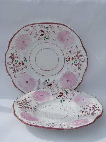 photo of large antique copper luster china bowls, pink flowers #1