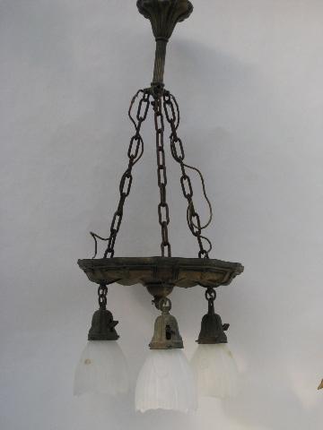 photo of large antique repousse brass chandelier hanging lamp w/ pendant lights #1