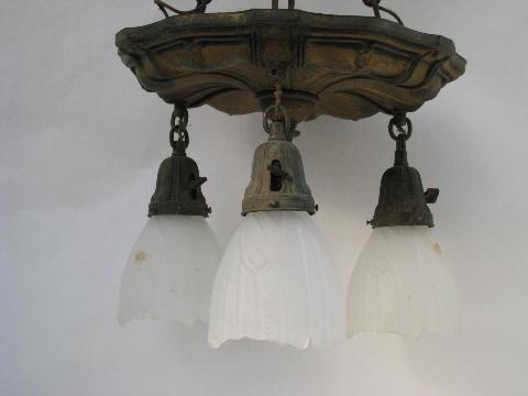 photo of large antique repousse brass chandelier hanging lamp w/ pendant lights #2