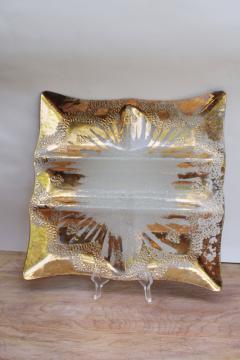 catalog photo of large bent glass snack tray w/ gold splash design, vintage MCM Dorothy Thorpe style