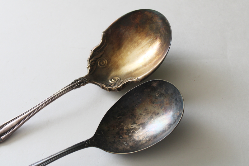 photo of large berry scoop serving spoons, shabby tarnished antique silver plate flatware  #3