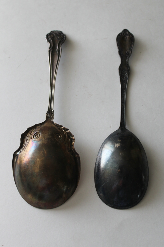 photo of large berry scoop serving spoons, shabby tarnished antique silver plate flatware  #4