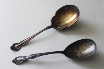 catalog photo of large berry scoop serving spoons, shabby tarnished antique silver plate flatware 