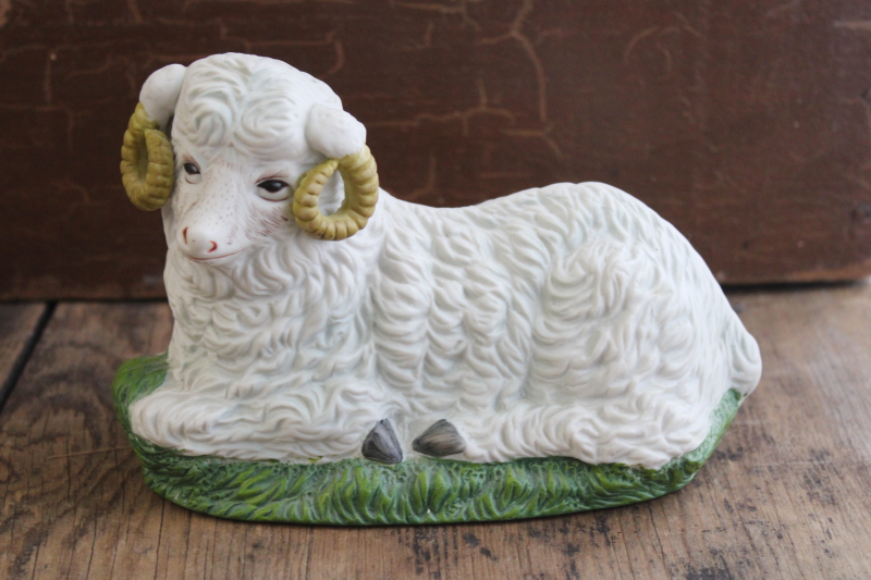 photo of large bisque ceramic sheep figurine for Christmas or Easter decorations, ram w/ curled horns #1