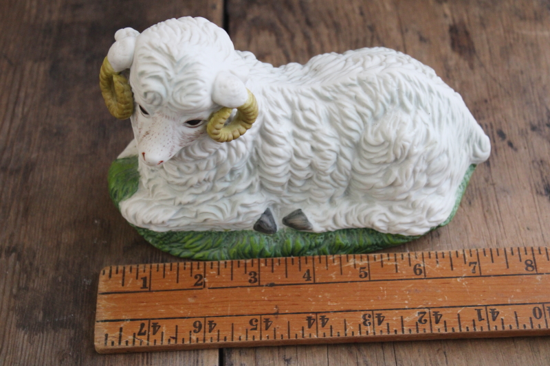 photo of large bisque ceramic sheep figurine for Christmas or Easter decorations, ram w/ curled horns #2