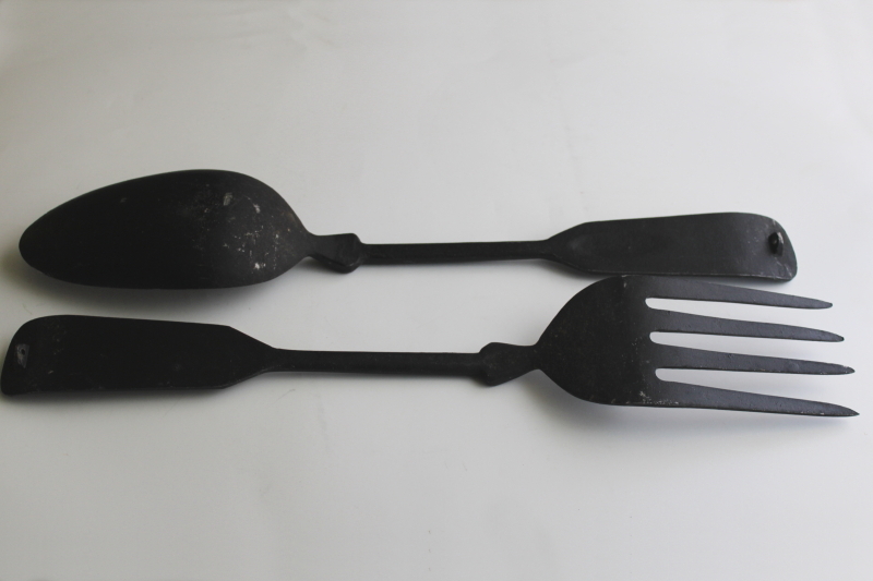 photo of large black metal fork & spoon, vintage farmhouse decor wall art, primitive sign style  #3