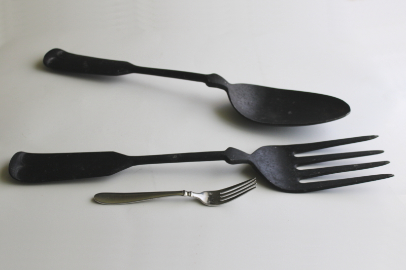 photo of large black metal fork & spoon, vintage farmhouse decor wall art, primitive sign style  #4