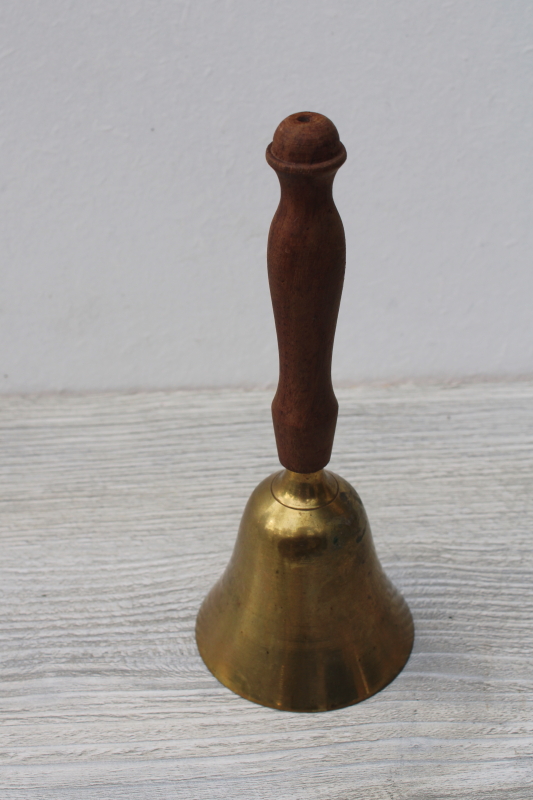 photo of large brass bell w/ wood handle, vintage desk or store counter service bell #1