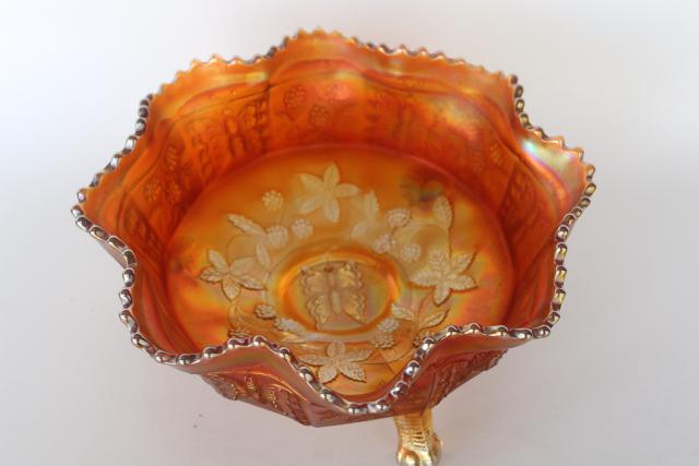 photo of large butterfly and berry pattern Fenton carnival glass bowl, marigold luster #2