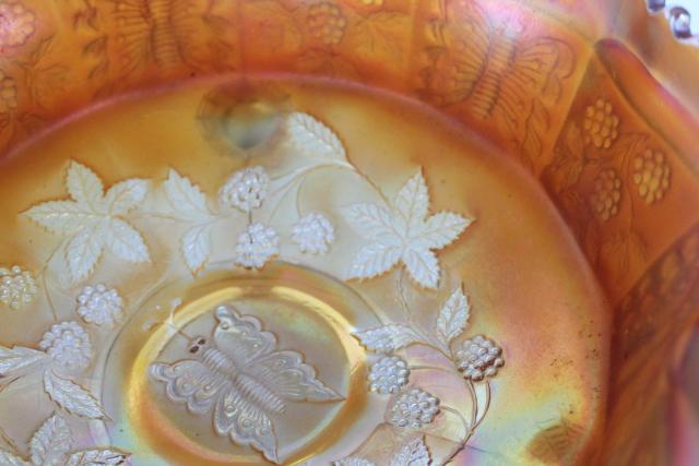 photo of large butterfly and berry pattern Fenton carnival glass bowl, marigold luster #6
