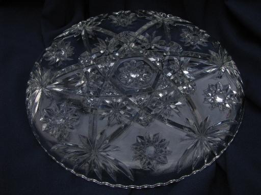 photo of large cake or torte serving plate, vintage Anchor Hocking prescut star pattern glass #3