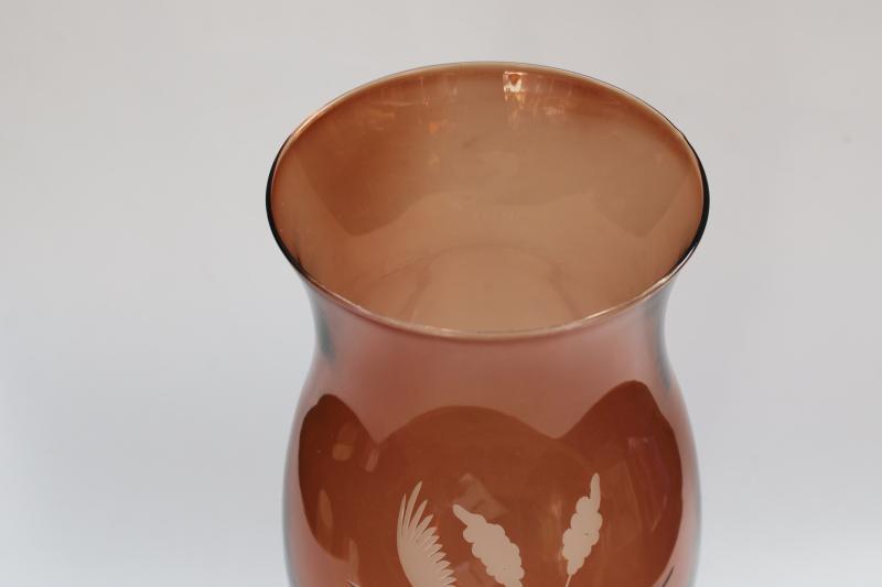 photo of large candle hurricane shade, duck or wild goose flying etched glass clear amber brown #3