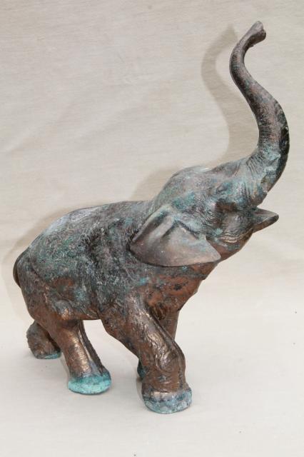 photo of large cast metal elephant statue figure w/ lovely old green verdigris bronze patina #1