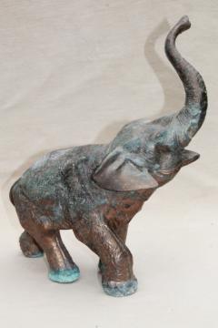 catalog photo of large cast metal elephant statue figure w/ lovely old green verdigris bronze patina