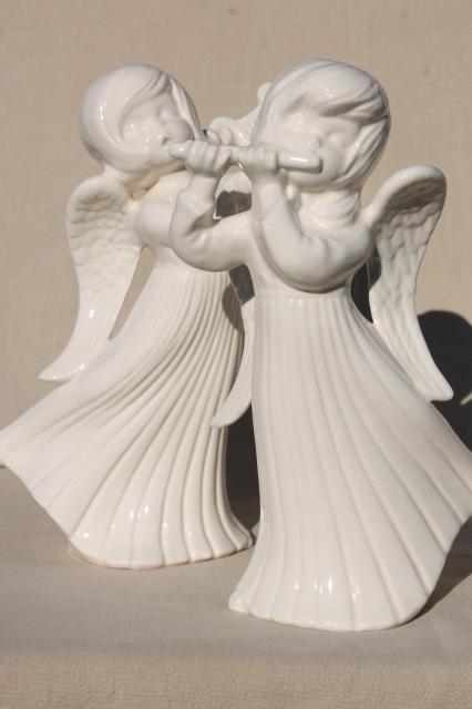 photo of large ceramic angels in ivory white glaze, pair vintage handmade Christmas angel statues #1