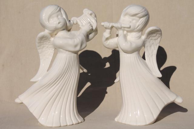 photo of large ceramic angels in ivory white glaze, pair vintage handmade Christmas angel statues #6