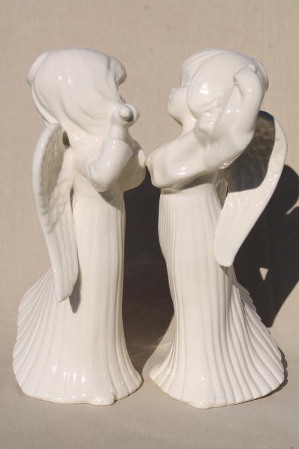 photo of large ceramic angels in ivory white glaze, pair vintage handmade Christmas angel statues #11