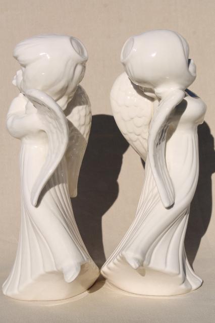 photo of large ceramic angels in ivory white glaze, pair vintage handmade Christmas angel statues #12