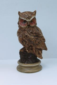 catalog photo of large ceramic owl figure, vintage handmade statue life size owl painted realistic brown colors 