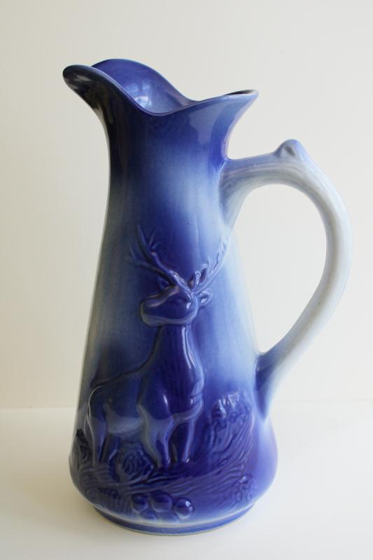 photo of large ceramic pitcher w/ stag deer, cobalt blue shaded color like flow blue #1