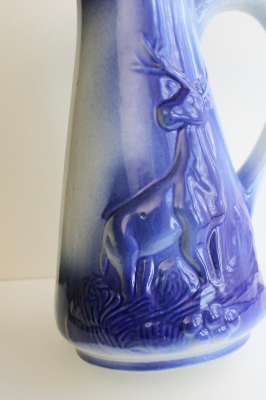 photo of large ceramic pitcher w/ stag deer, cobalt blue shaded color like flow blue #3