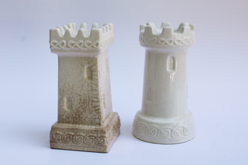 photo of large chess pieces salt & pepper shakers, vintage brown stained crazed white ceramic rook castles  #1
