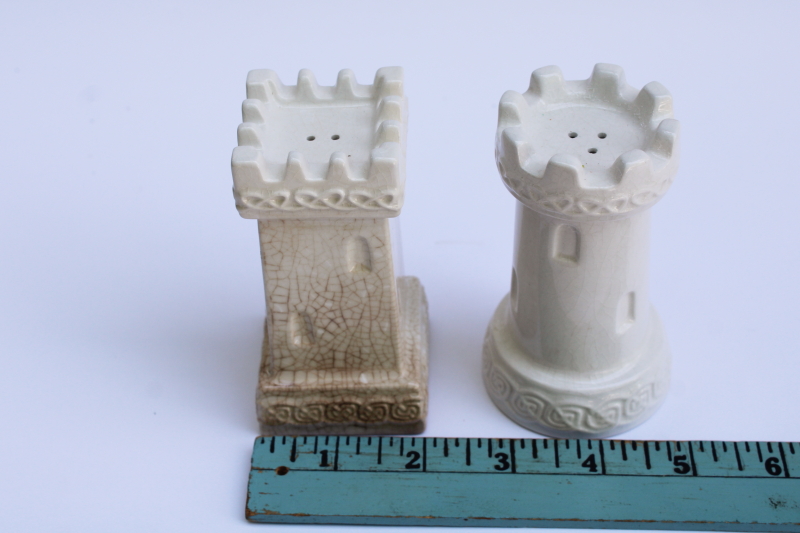 photo of large chess pieces salt & pepper shakers, vintage brown stained crazed white ceramic rook castles #2