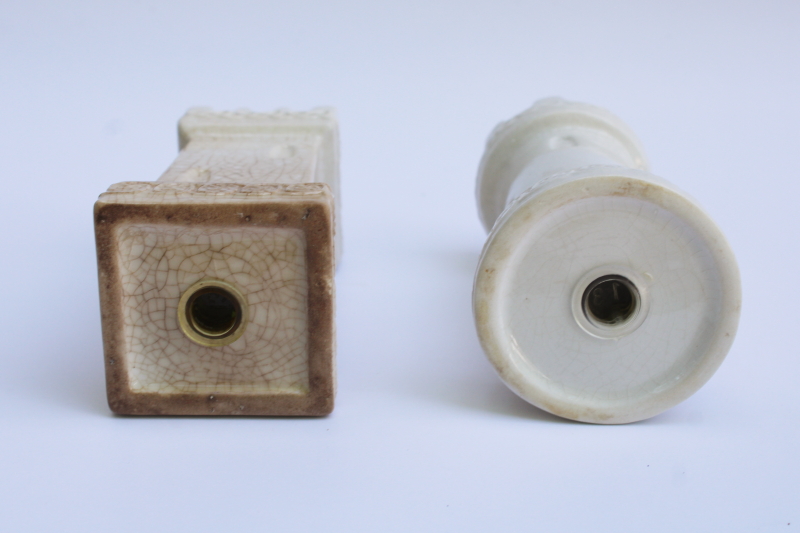 photo of large chess pieces salt & pepper shakers, vintage brown stained crazed white ceramic rook castles #3