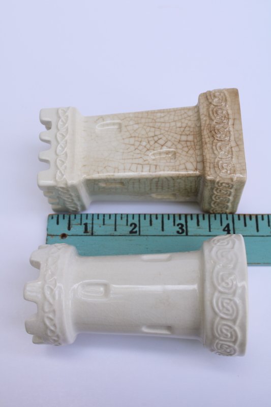 photo of large chess pieces salt & pepper shakers, vintage brown stained crazed white ceramic rook castles #4
