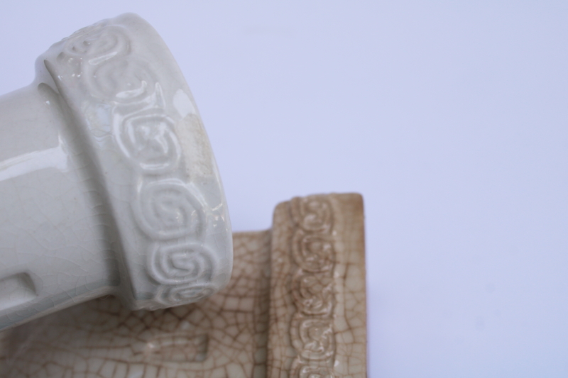 photo of large chess pieces salt & pepper shakers, vintage brown stained crazed white ceramic rook castles #5