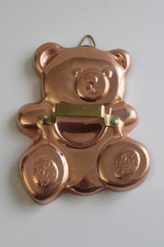 catalog photo of large copper cookie cutter w/ brass handle, teddy bear shape 1980s vintage 