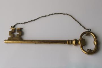 large decorative key, vintage solid brass skeleton key ornament w/ hanging chain 