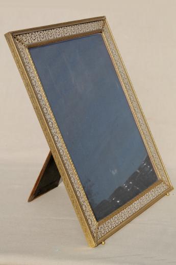 photo of large easel picture frame for table sign or vanity stand mirror, vintage gold metal filigree frame #1