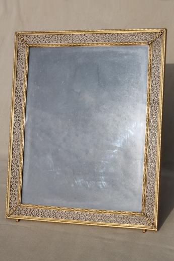 photo of large easel picture frame for table sign or vanity stand mirror, vintage gold metal filigree frame #2