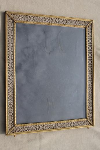 photo of large easel picture frame for table sign or vanity stand mirror, vintage gold metal filigree frame #5