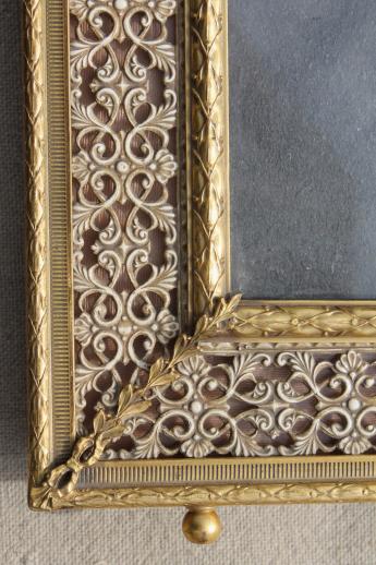 photo of large easel picture frame for table sign or vanity stand mirror, vintage gold metal filigree frame #7