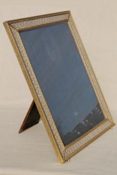 catalog photo of large easel picture frame for table sign or vanity stand mirror, vintage gold metal filigree frame