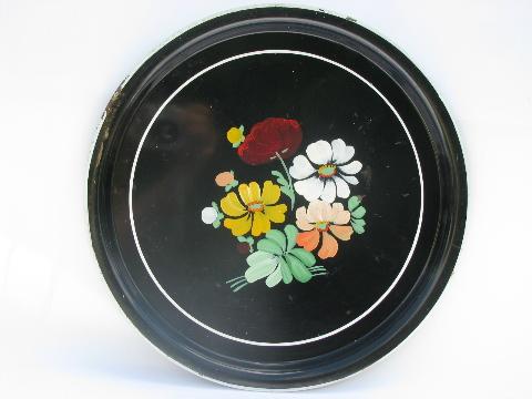 photo of large enamelware tray w/ hand-painted flowers, vintage Ransburg #1