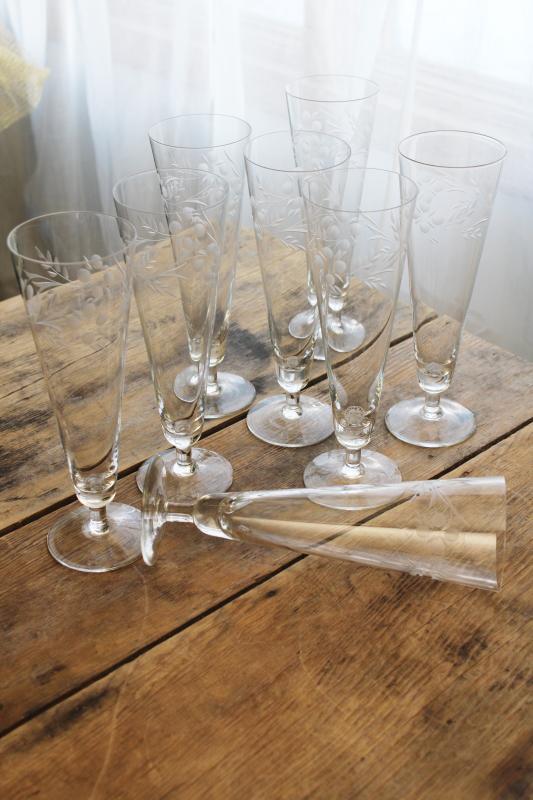 photo of large flute shape glasses, vintage wheel cut stemware, crystal clear pilsner glass set #4