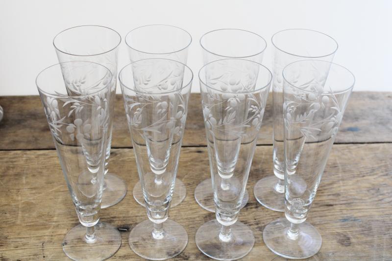 photo of large flute shape glasses, vintage wheel cut stemware, crystal clear pilsner glass set #5